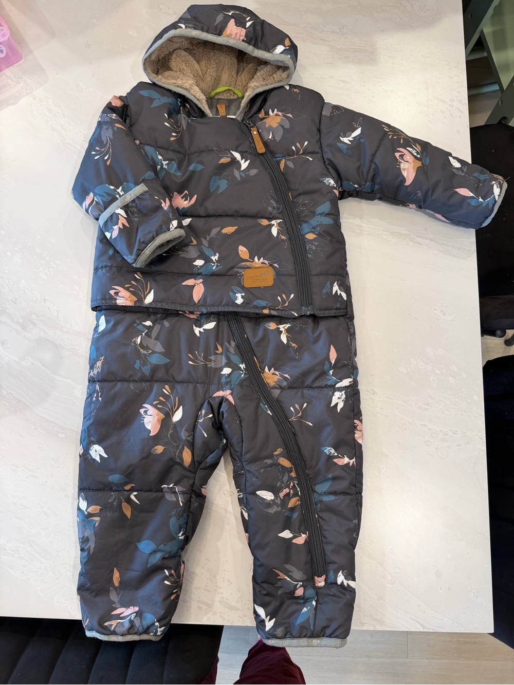 Floral Puffer Baby Snowsuit - Navy with Pink & Teal Floral 24M